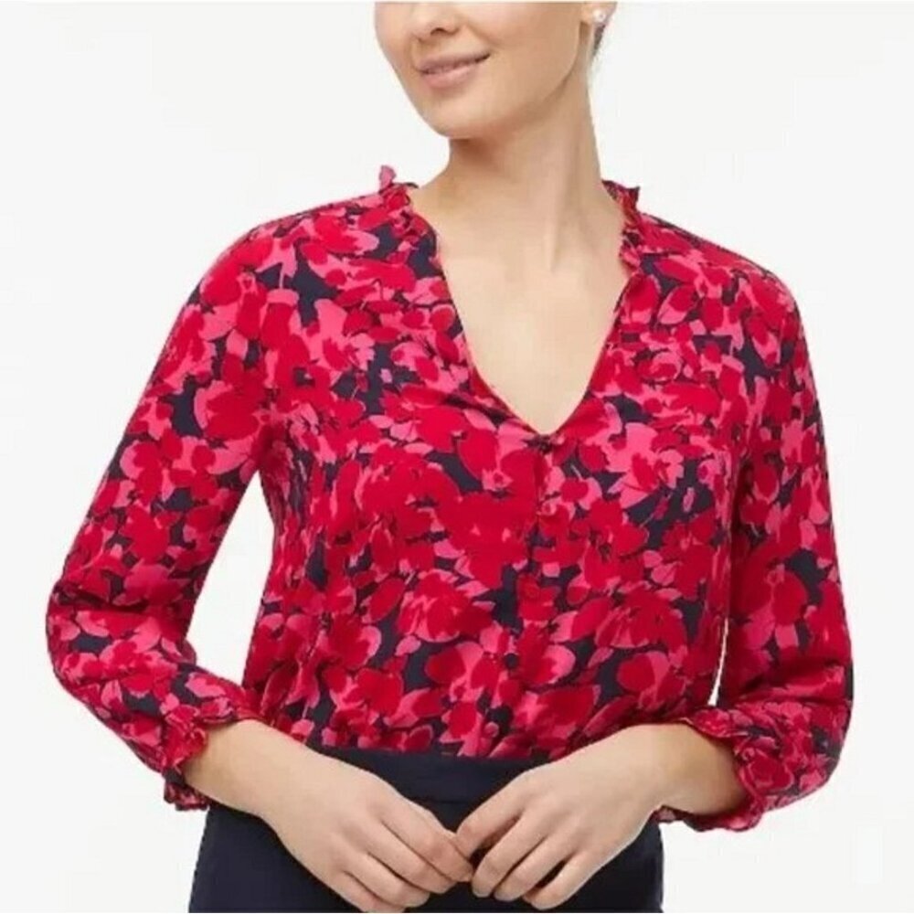 J. Crew Pink Blue Chiffon Floral Ruffle Long Sleeve Blouse Women's size S